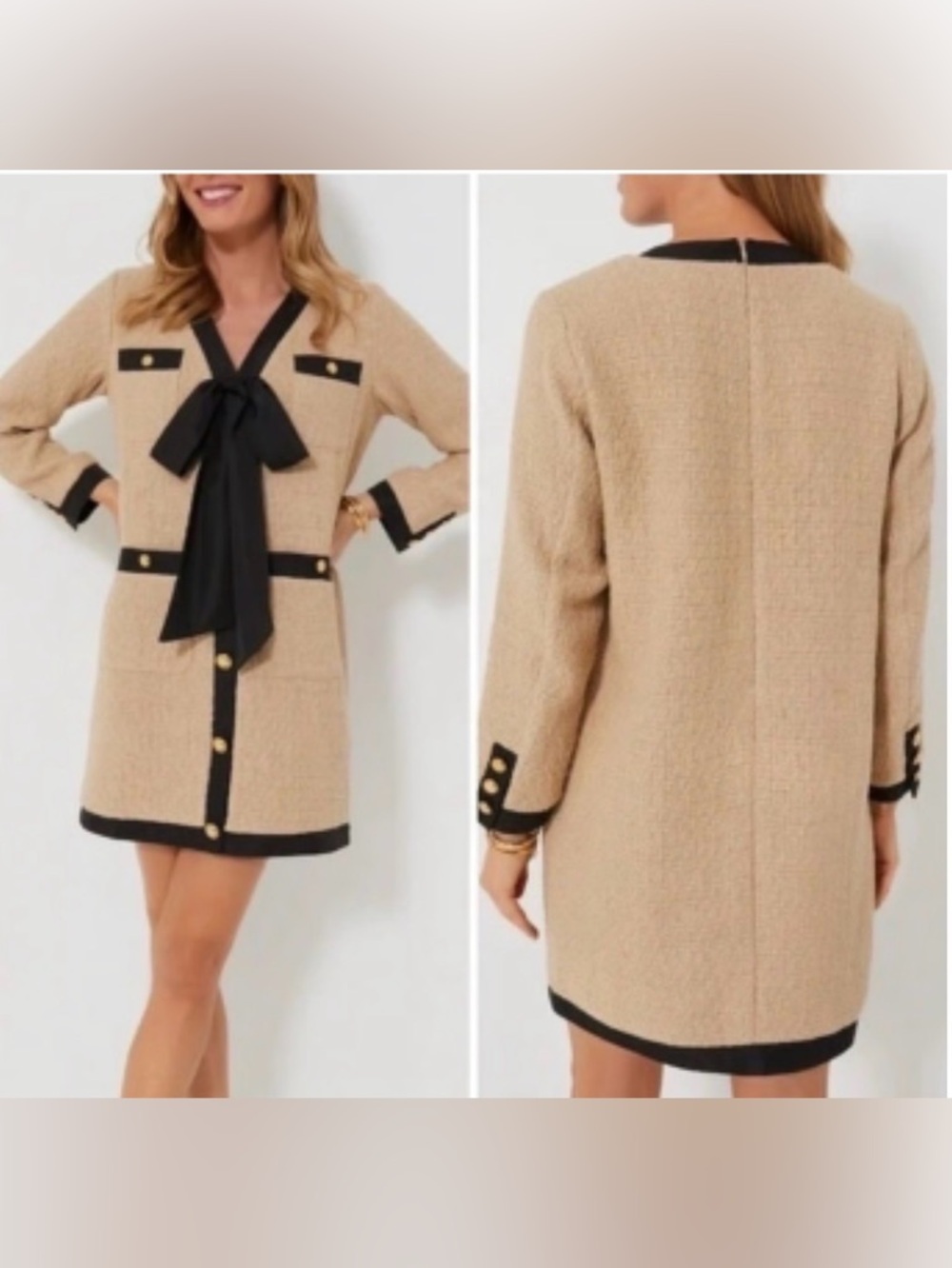 Pomander Place Tuckernuck Tan Coco Tweed Bow Front Black Trim Dress Medium